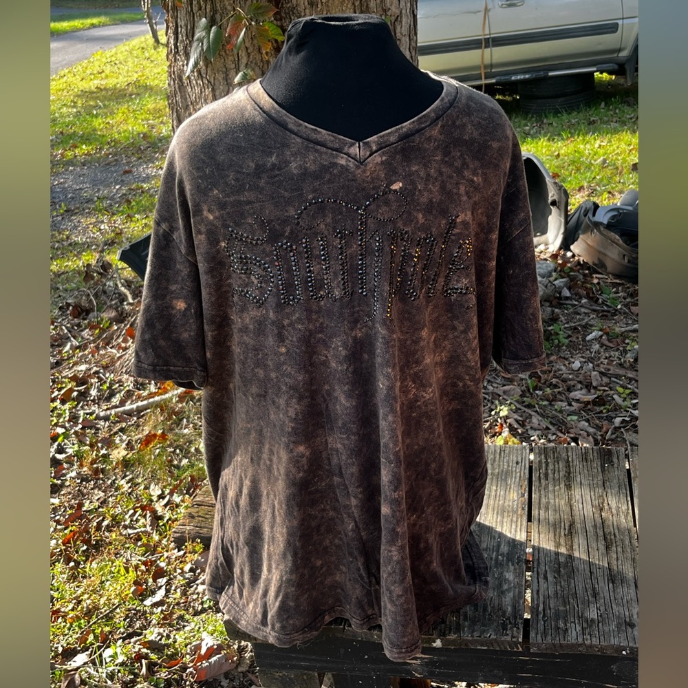 SOUTHPOLE Y2K BEDAZZLED MENS XL VNECK BROWN TSHIRT TIE DYE BLEACH